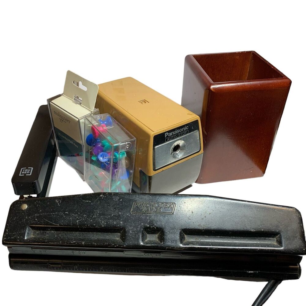Lot of 7 Office Supplies Stapler Hole Puncher Pencil Sharpener Wooden Cube Pins